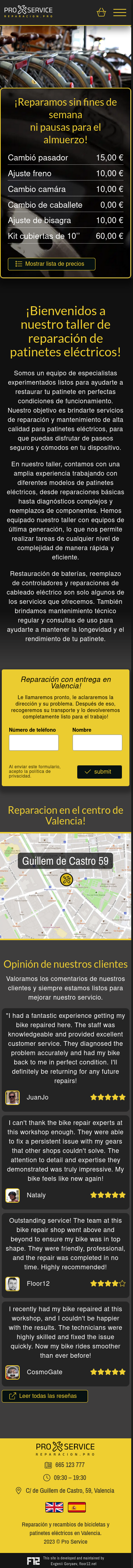 Versión móvil del sitio Sitio web para un taller de reparación de patinetes y bicicletas eléctricas.